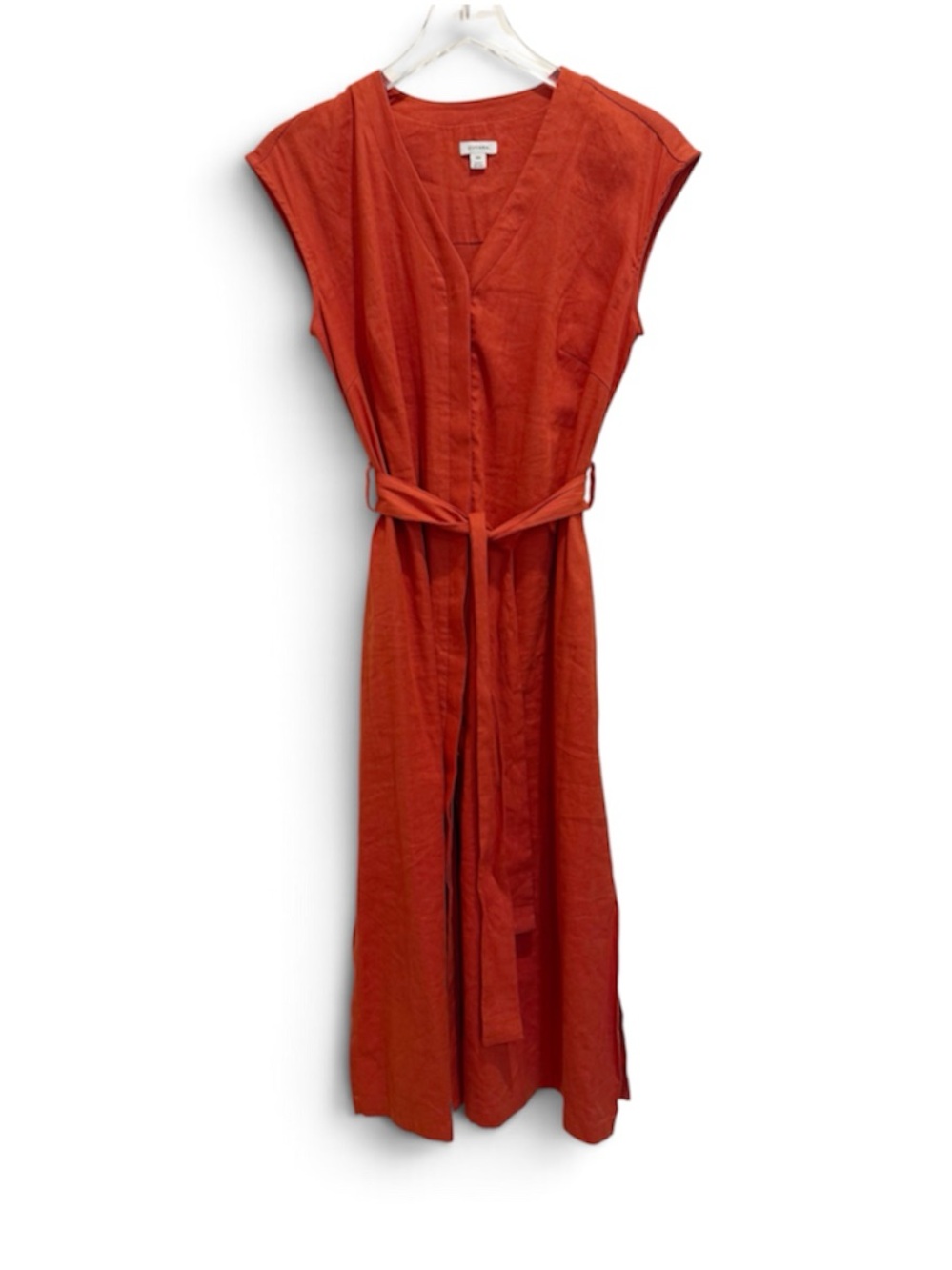 CUYANA Linen Blend Sleeveless Button Front Belted Midi Dress Burnt Orange